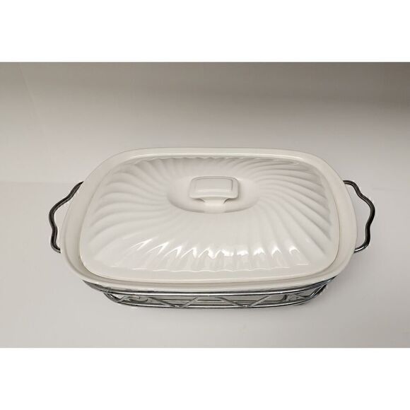 Godinger Rare Vintage 2 Quart Rectangular Covered Porcelain Baker W/Serving Rack - Picture 5 of 9